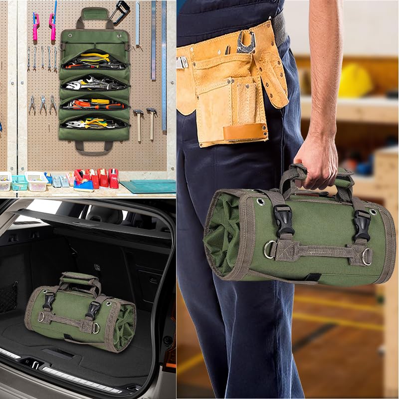 Roll Up Tool Bag, Heavy Duty Portable Soft Tool Storage with 2 Detachable Pouches,guy gifts for Him Dad Men Mechanic Welding, Green