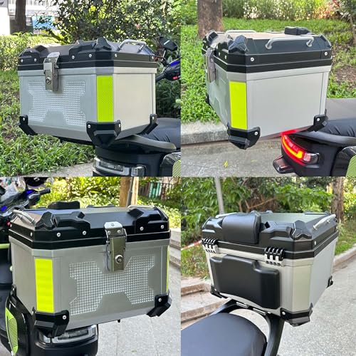 Motorcycle Top Case 45L Trunk Tail Box Bag Aluminum alloy handle With Leather Lining Anti-Theft With Lock And Back Cushion Waterproof Dustproof Easy Installation With Universal Bracket Silver - color: Silver（45L-Single Lock）