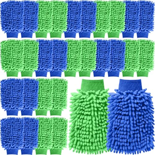Patelai 30 Pcs Car Wash Mitts Bulk Microfiber Scratch Free Detailing Chenille Car Washing Gloves Hand Double Sided Absorbent Cars Sponge for Washing Cleaning Trucks Boats, 9.45 x 5.9 Inch(Green,Blue) - color: Green,Blue