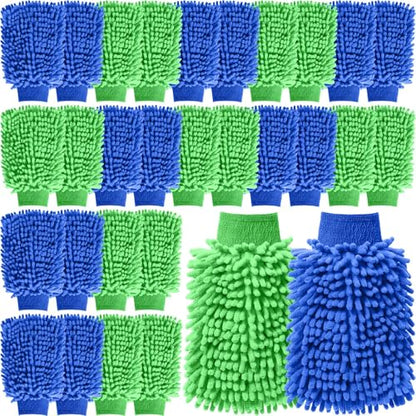 Patelai 30 Pcs Car Wash Mitts Bulk Microfiber Scratch Free Detailing Chenille Car Washing Gloves Hand Double Sided Absorbent Cars Sponge for Washing Cleaning Trucks Boats, 9.45 x 5.9 Inch(Green,Blue) - color: Green,Blue