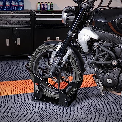 VEVOR Motorcycle Wheel Chock, Max. 1800 lbs Heavy Duty Motorcycle Stand, with 3 Adjustable Holes, Durable Steel Motorbike Front Tire Bracket, Fits 15"-21" Wheels, Work with Off-Road and Regular Bikes