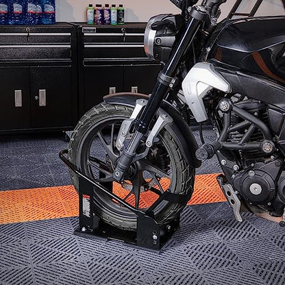 VEVOR Motorcycle Wheel Chock, Max. 1800 lbs Heavy Duty Motorcycle Stand, with 3 Adjustable Holes, Durable Steel Motorbike Front Tire Bracket, Fits 15"-21" Wheels, Work with Off-Road and Regular Bikes