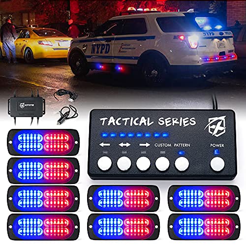 Xprite 24 LED Surface Mount Strobe Lights Kit with Control Panel, Grill Grille Flashing Emergency Warning Police Side Marker Light for Trucks Vehicles ATV RV Cars Van Red Blue, 8PCS - color: Blue Mix Red, size: 8 PCS