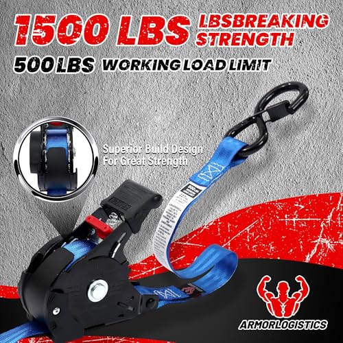Retractable Ratchet Straps 4 Pack, 1 in x 12 FT Auto Ratchet Straps for Motorcycle, Kayak and Trucks, Breaking Strength 1,500LBS/500LBS Working Load Limit Blue - color: Blue