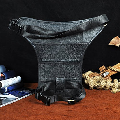 Le'aokuu Mens Genuine Leather Motorcycle Tactic Belt Waist Pack Drop Leg Cross Over Bag - color: X3111 Black