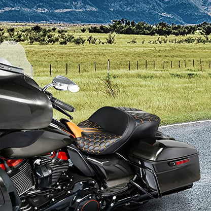 C.C. RIDER Soft Motorcycle Passenger Seat - Bagger Comb Strapped 2-Up One-Piece Fit for Harley Touring Road King FLHR Street Glide FLHX Road Glide FLTRX Electra Glide FLHT 2009-2023 - color: 23# Gel Orange