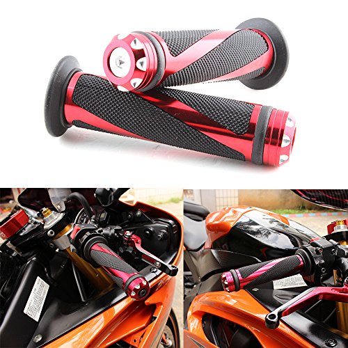 Pair of 7/8" 22mm Motorcycle CNC Aluminum Rubber Gel Hand Grips Handlebar for Sports Bike Chopper Cruiser Bike - color: Red with Bar End