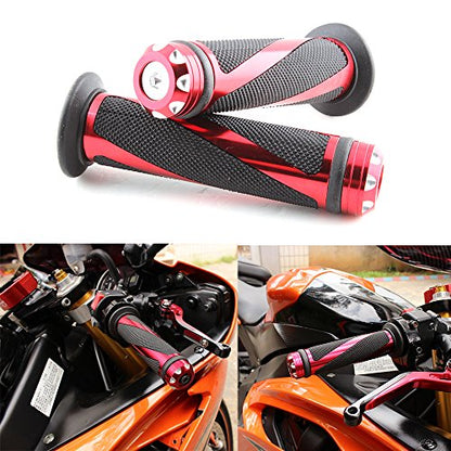 Pair of 7/8" 22mm Motorcycle CNC Aluminum Rubber Gel Hand Grips Handlebar for Sports Bike Chopper Cruiser Bike - color: Red with Bar End