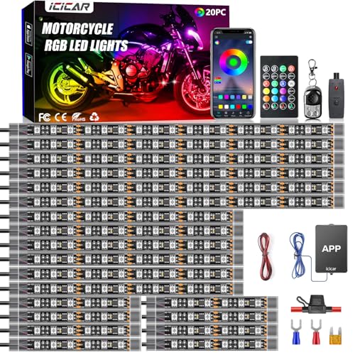 Motorcycle LED Underglow Kit, icicar 20Pcs APP/RF Control Multicolor Motorcycle LED Light Kit with Brake Turn Signal, IP68 Waterproof & Music Sync Ambient Light for Motorcycles - color: 20Pcs