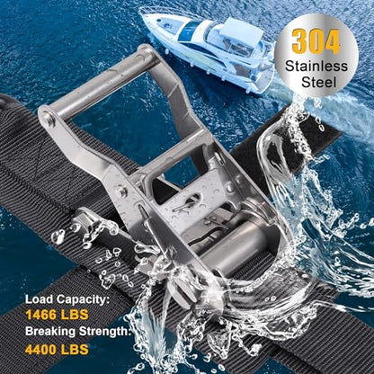 Ayaport Boat Tie Down Straps to Trailer (Stainless Steel Ratchet) 5 Feet, 4400lbs Break Strength Heavy Duty Ratchet Boats Straps, Boat Transom Trailer Accessories for Boating Safety - size: 1.5" x 5' -Stainless