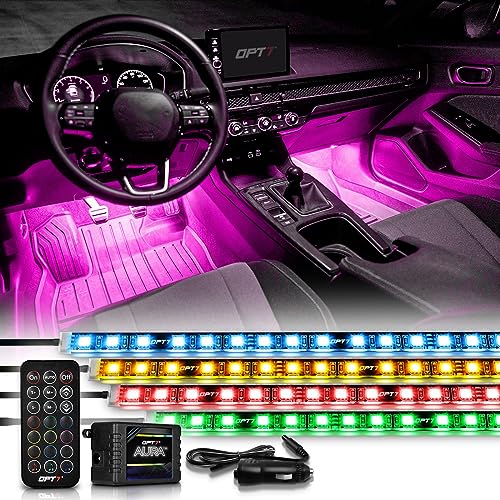 OPT7 Aura Interior Car Lights with Remote Control, 12V Music Sync Inside Ambient Lighting Kit, RGB Multicolor Under Dash Accessories, Neon Decoration Gifts, 4pc Single LED Strip - size: 4pc Single Row