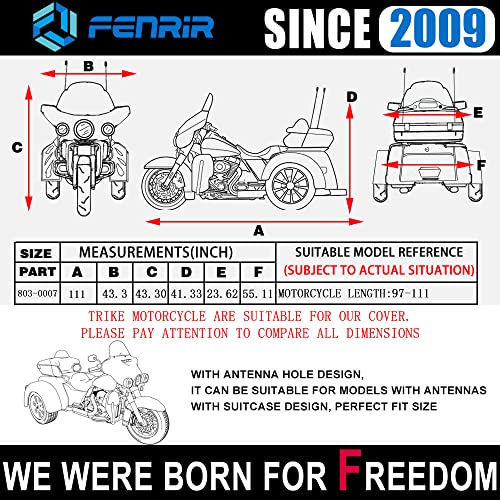 FENRIR 111" Trike Motorcycle Cover Waterproof Outdoor Storage Exhaust Pipe Anti-Scalding Antenna Hole Compatible with Harley Davidson Freewheeler TRI Glide Ultra Road Glide3 Trike Goldwing Roadmaster - size: Trike Motorcycle 111"X43.3"X43.3”