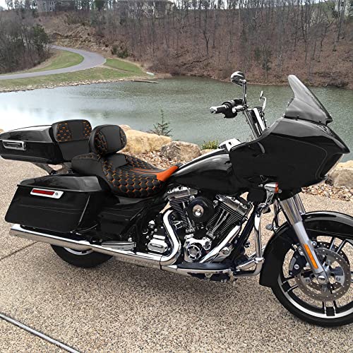 C.C. RIDER Low Profile Touring Seat - Driver Rider Passenger Seat For Harley Davidson Touring Road King Street Glide Road Glide Electra Glide CVO 2014-2023 - color: Black Orange Rider Seat + Sissy Bar