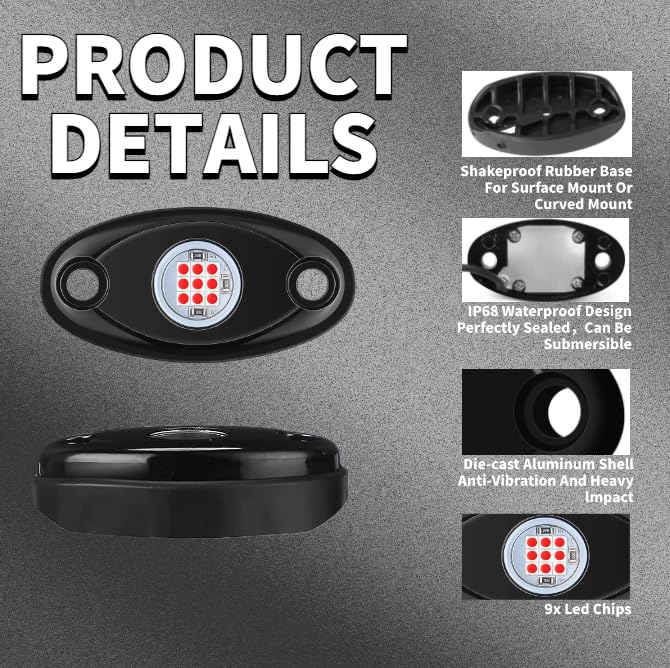 Red Rock Light 12pods 6000k Pure Red Led Rocks Lights Kit Ip68 Waterproof 47inch Extension Wires for ATV Rv Utv SUV Offroad Pickup Trucks Golf Boat Cars Trailers Fender Underglow Lighting (Red) - color: Red-12pcs