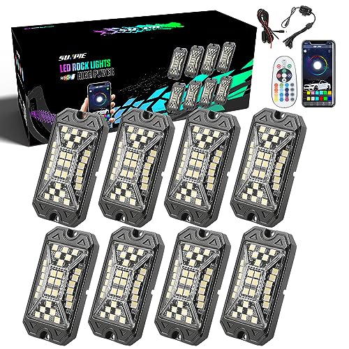 SUNPIE 8 Pods RGBW Rock Lights – Full Beam Angle, 30 High Power Chips, Aluminium Housing, Mounting Pads Included, IP67 Waterproof, Music Mode Underglow Lights, Fits Trucks, SUV, ATV, UTV, Boats - size: 8Pcs