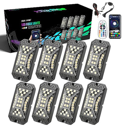 SUNPIE 8 Pods RGBW Rock Lights – Full Beam Angle, 30 High Power Chips, Aluminium Housing, Mounting Pads Included, IP67 Waterproof, Music Mode Underglow Lights, Fits Trucks, SUV, ATV, UTV, Boats - size: 8Pcs