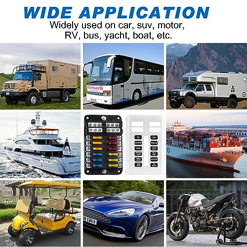 Fuse Block, 12v Fuse Box Holder with Led Indicator Waterproof Cover, Cyrico 12 Circuits Panel with Negative Bus for 12V/24V Automotive Car Truck Boat Marine Rv Trailer, 24 Pcs Blade Inserts