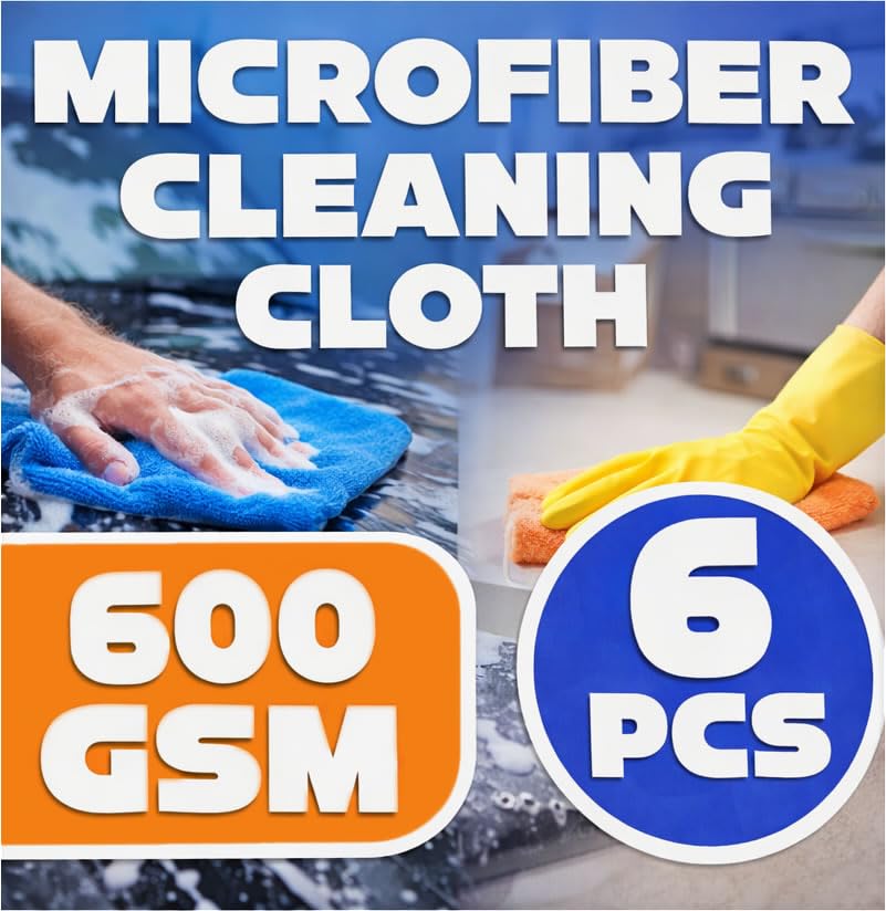 Microfiber Cleaning Cloths – Ultra-Thick Coral Fleece 600 GSM, Lint-Free & Scratch-Safe, Super Absorbent Multipurpose Cleaning Towels for Car, Kitchen, Household, Glass – 23.6”×11.8”, 6-Pack