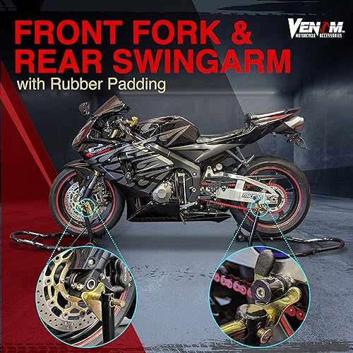 Venom Motorcycle Stand Lift, Front & Rear Combo, Universal Paddock Lift Stand, Front Wheel Fork Stand Rear Wheel Swingarm Spool Stand, Compatible With Most Yamaha Honda Kawasaki Suzuki BMW Motorcycles