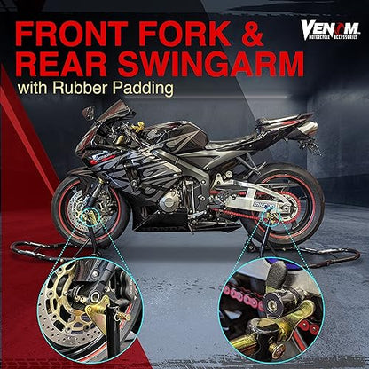 Venom Motorcycle Stand Lift, Front & Rear Combo, Universal Paddock Lift Stand, Front Wheel Fork Stand Rear Wheel Swingarm Spool Stand, Compatible With Most Yamaha Honda Kawasaki Suzuki BMW Motorcycles