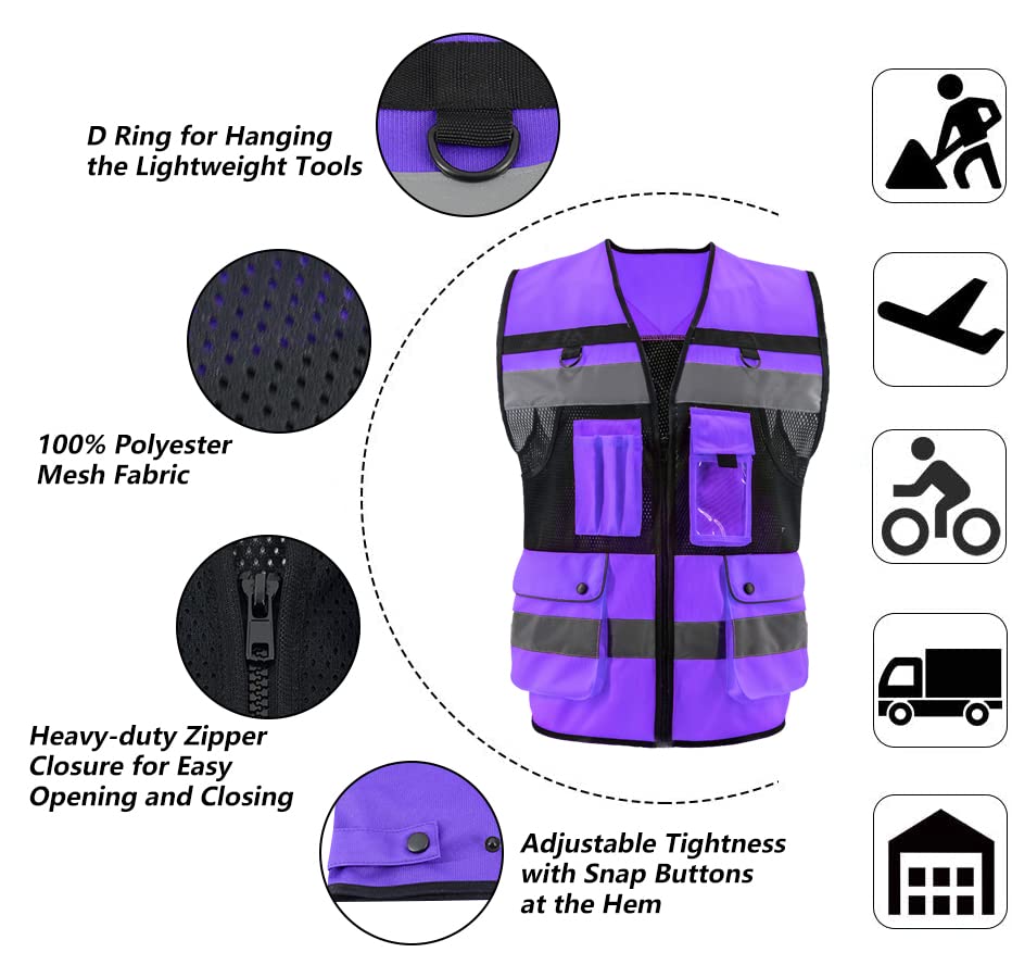 Safety Vest High Visibility Reflective Construction Vest for Men Women - color: Purple, size: Large