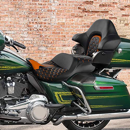 C.C.Rider Driver Passenger Seat with King Tour Trunk Backrest Pad Fit for Harley Touring Road FLHR Street Glide FLHX FLTRX FLHT 2014-2023 - color: Black+Orange Set