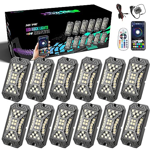 SUNPIE 12 Pods RGBW Rock Lights – Full Beam Angle, 30 High Power Chips, Aluminium Housing, Mounting Pads Included, IP67 Waterproof, Music Mode Underglow Lights, Fits Trucks, SUV, ATV, UTV, Boats - size: 12Pcs