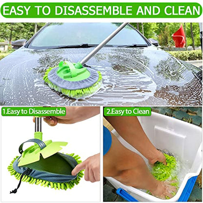 WillingHeart 47.5" Car Wash Brush Mop Cleaning Tool with Long Handle Kit for Washing Detailing Cars Truck, SUV, RV, Trailer, Boat 2 in 1 Chenille Microfiber Sponge Duster Not Hurt Paint Scratch Free - color: Green