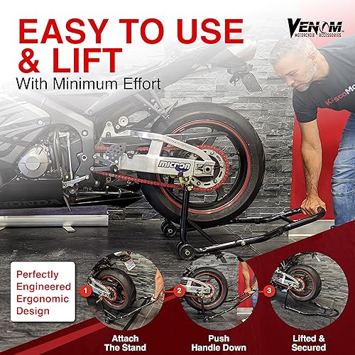 Venom Motorcycle Stand Lift, Front & Rear Combo, Universal Paddock Lift Stand, Front Wheel Fork Stand Rear Wheel Swingarm Spool Stand, Compatible With Most Yamaha Honda Kawasaki Suzuki BMW Motorcycles
