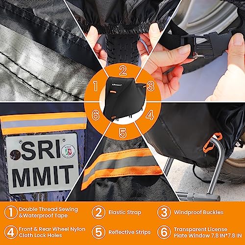 Large Motorcycle Cover with Lock Holes,420D Universal Powersports Vehicle Covers,Sun,Waterproof Outdoor Protection,with License Plate Window, 4 Reflective Strips,Storage Bag(XXXXL 106" x 37" x 55") - size: XXXXL (106" x 37" x 55")