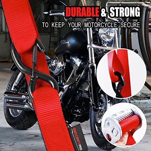 AWELCRAFT Motorcycle Tie Down Straps (2 Pack),3300lb Break Strength,1.5in x 8FT Steel Cambuckle Dirtbike Strap,Integrated Soft Loops & Double S-Hooks with Safety Clips,Lab Tested,Red - color: Red