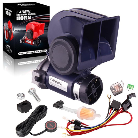 FARBIN Air Horn for Car, Train Horn for Trucks, Loud 12v Car Horn Kit with Relay Harness and Switch Button - color: Blue horn with button