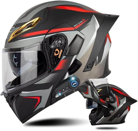 Bluetooth Modular Motorcycle Helmet with Tail DOT/ECE Approved Flip Up Front Helmets Dual Anti-Fog Visors Full Face Helmet Built-in Mp3 Integrated for Adults Men Women 55-64CM (Small, L) - color: L, size: Small