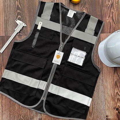 TCCFCCT Mesh Hi Vis Vest 5 Pockets High Visibility Work Vest with Reflective Strips, Meets ANSI/ISEA Standards, Black, M - color: Lion 02-mesh-black, size: Medium