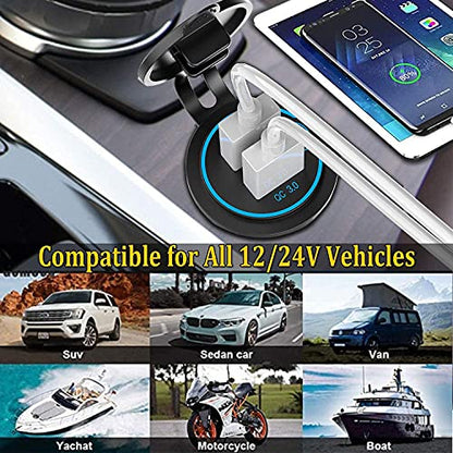 Pack of 2 x 36W Quick Charge 3.0 USB Car Charger Socket, 12V/24V Dual USB Quick Charge 3.0 Car Cigarette Lighter Adapter with Touch Switch for Motorcycle, Boat, Truck, Caravan - color: 36W