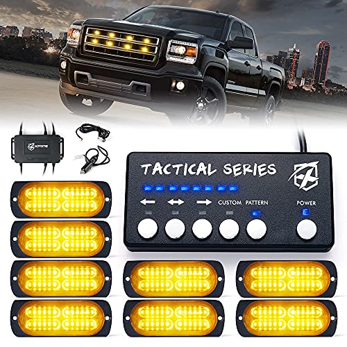 Xprite Amber 24 LED Surface Mount Strobe Lights Kit with Control Panel, Grill Grille Side Marker Flashing Emergency Warning Light Assemblies for Construction Vehicles Tow Trucks ATV UTV Vans 8PCS - color: Amber, size: 8 PCS