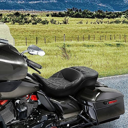 C.C. RIDER Driver Leather Passenger Seat - Fat Diamond 2-Up Gel Touring Seat Fit for Harley Touring Road King Street Glide Road Glide Electra Glide 2009-2023, Gray Brown Lattice - color: 11# Gel Grey with Coffee Stitches
