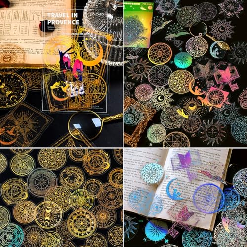Gold Holographic Stickers, Obujopal 90Pcs Magic Constellat Astronomy Stickers for Scrapbooking Journaling Collage Junk Journal Diary Planner Card Making Envelope DIY Art Crafts Photo Album