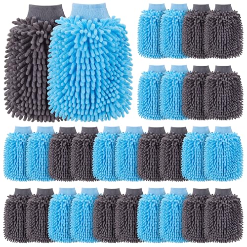Patelai 30 Pcs Car Wash Mitts Bulk Microfiber Scratch Free Detailing Chenille Car Washing Gloves Hand Double Sided Absorbent Cars Sponge for Washing Cleaning Trucks Boats, 9.45 x 5.9 Inch(Grey,Blue) - color: Grey,blue