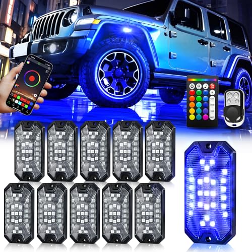 10Pods 5 Sides Full Angle RGB LED Rock Lights Kits High Brightness 27 Beads RGB 5050 IP68 Waterproof Underglow Multicolor Exterior Wheel Rock Lights for 12V Trucks Jeep Offroad Pickup UTV ATV RZR SUV - size: 10 Pods 5 Sides