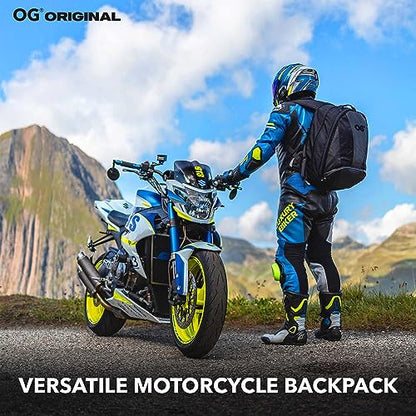 OG Original EZ-Rider PRO Motorcycle Backpack Black Expandable 28-35L, Motorbike Helmet Bag, Helmet Strap, Waterproof Motorcycle Backpacks for Men with Laptop Pocket, Reflective (Black Logo) - style: Ez-rider (Black Logo)