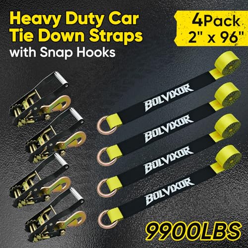 4 Pack Car Tie Down Straps for Trailers - 2" x 96" - 9900LBS Break Strength - Tire Ratchet Strap with Snap Hooks - Adjustable Wheel Straps for Hauling UTV, SUV, Truck, Any Cars - color: Yellow