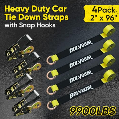 4 Pack Car Tie Down Straps for Trailers - 2" x 96" - 9900LBS Break Strength - Tire Ratchet Strap with Snap Hooks - Adjustable Wheel Straps for Hauling UTV, SUV, Truck, Any Cars - color: Yellow