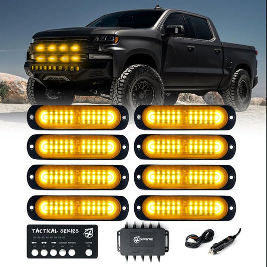 Xprite Amber 12 LED Surface Mount Strobe Lights Kit, Grill Grille Side Marker Light Flashing Emergency Warning Light Assemblies w/Control Box for Trucks Vehicles ATV RV Cars Van 8PCS - color: Amber, size: 8PCS