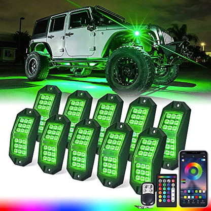 Xprite Jeep Rock Lights 10 Pods Wide Angle Bluetooth RGB LED Rocklights Kit, Multicolor Neon Lighting Footwell Underglow Kits w/Wireless Remote, Compatible Off-Road Trucks Cars UTV ATV SUV RZR - color: Wide Housing, size: 10 Pods