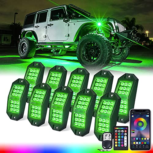 Xprite Jeep Rock Lights 10 Pods Wide Angle Bluetooth RGB LED Rocklights Kit, Multicolor Neon Lighting Footwell Underglow Kits w/Wireless Remote, Compatible Off-Road Trucks Cars UTV ATV SUV RZR - color: Wide Housing, size: 10 Pods