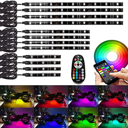 12PC RGB Motorcycle LED Light Kit DC 12V Waterproof Flexible Neon Accent Glow Strip Underglow Light APP Wireless RF Remote Control for Motoycle Scootor SUV Car Golf Cart ATV