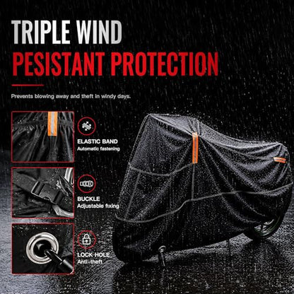 Motorcycle Cover Waterproof Outdoor Heavy Duty All-Weather UV Protection with Reflective Strips & Lock Holes,Storage Bag,Sport,Fits Most Cruiser,Touring,Street,Dirt Bike (Length up to 108") - size: 108"(4XL)