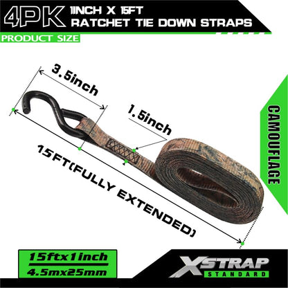 XSTRAP STANDARD 4 Pack 1" x 15' Ratchet Tie Down Straps - 630 Lbs Load Cap, 1890 Lbs Break Strength, Heavy Duty Cargo Straps for Moving, Truck & Motorcycle, Camouflage - style: 4pk 1inchx15ft 1890lbs camouflage