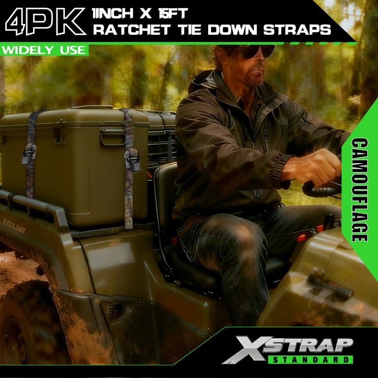 XSTRAP STANDARD 4 Pack 1" x 15' Ratchet Tie Down Straps - 630 Lbs Load Cap, 1890 Lbs Break Strength, Heavy Duty Cargo Straps for Moving, Truck & Motorcycle, Camouflage - style: 4pk 1inchx15ft 1890lbs camouflage